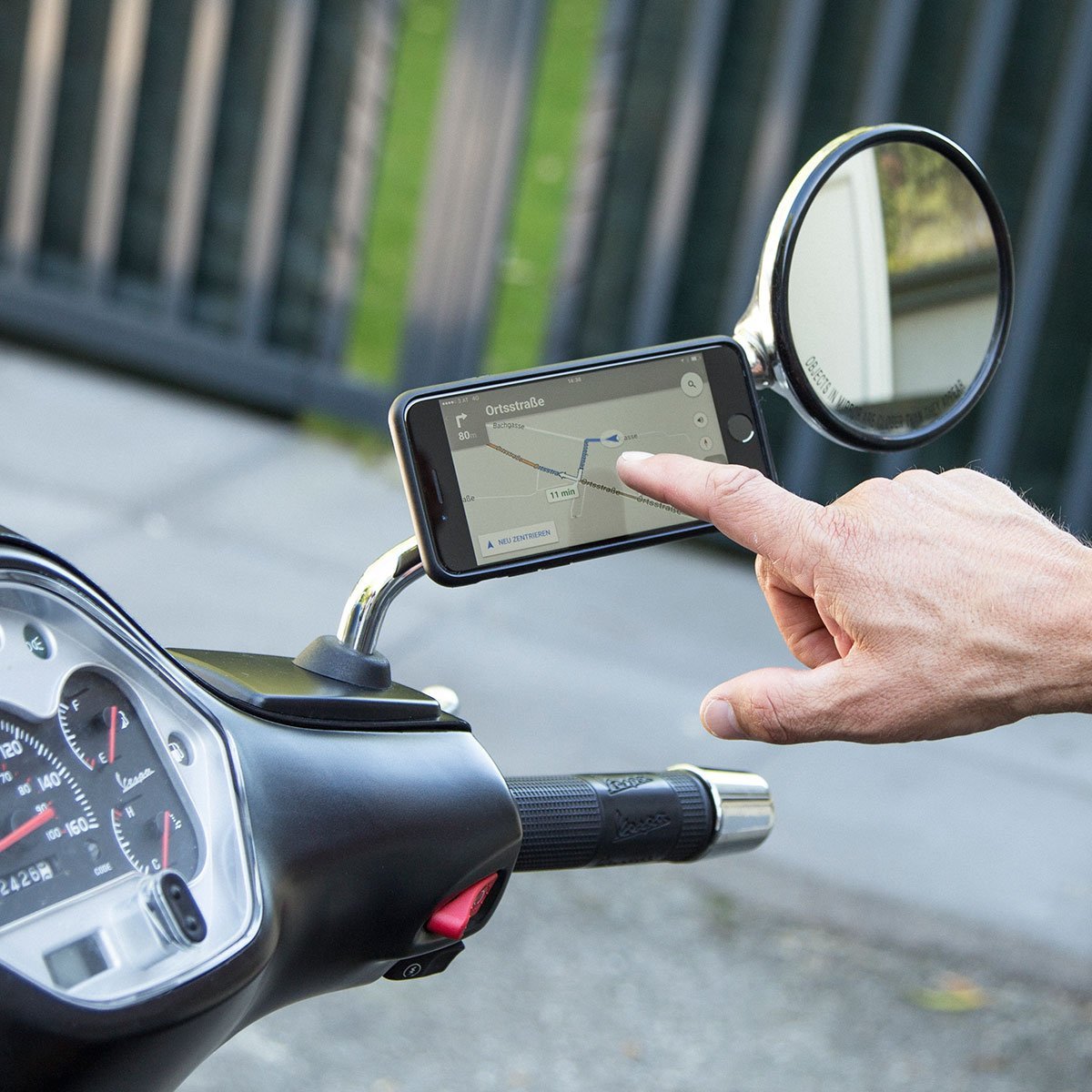 Motorcycle - Scooter Mirror Mount with Dedicated Holder for iPhone 12 (sku 57515)